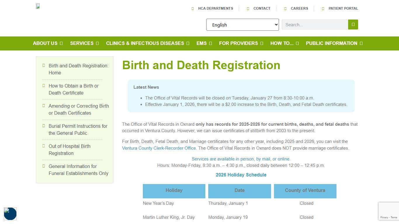 Birth and Death Registration – Ventura County Public Health