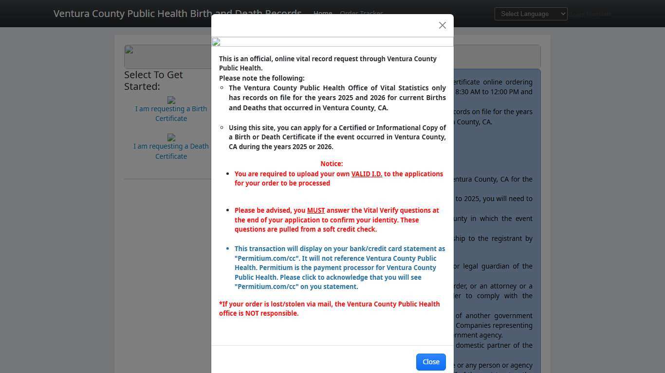 Ventura County Public Health Online Birth / Death Records Request