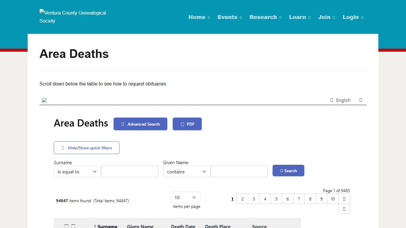 Area Deaths - Ventura County Genealogical Society